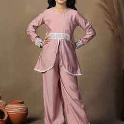 Sangria Girls Embroidered High Slit Sequinned Kurta with Palazzos-image-54
