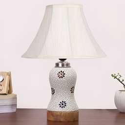 Devansh Off White Textured Wooden Frustum Shaped Table Lamp With Mosaic Glass Base-1