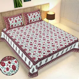 Monik Handicrafts Maroon & White Floral Printed 210 TC Bedsheet with 2 Pillow Covers-picture-36