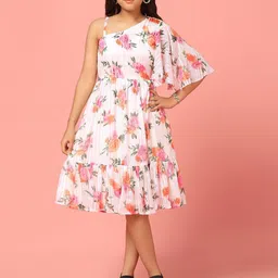 YK Floral Print One Shoulder Georgette Fit & Flare Dress-picture-17
