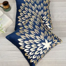 HOSTA HOMES Blue & Gold-Toned 2 Pieces Floral Printed Velvet Square Cushion Covers-image-87
