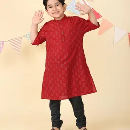 Fabindia Boys Geometric Printed Band Collar Straight Cotton Kurta-20