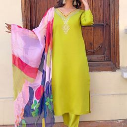 S.K.C Ethnic Motifs Yoke Design Sequinned V-Neck Straight Kurta With Trouser & Dupatta-6