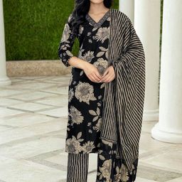 SKYLEE Floral Printed V-Neck Straight Kurta With Trousers And Dupatta-image-58