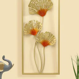 vedas Gold Toned & Red Textured Metal Leaf Wall Hangings-2
