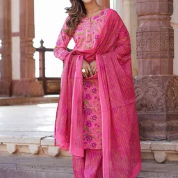 KALINI Floral Printed Sequinned Notch Neck Pure Cotton Kurta With Trousers And Dupatta-picture-51