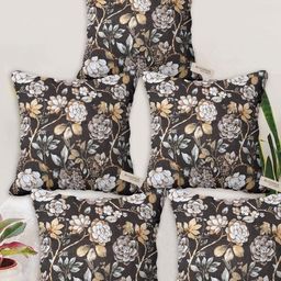 Blue Grass Brown & White 5 Pieces Floral Printed Satin Square Cushion Covers-image-34