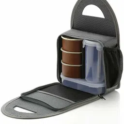 Stainless Steel 3 Container & 1 Caserolles Set with Plastic Bottle Lunch Box Tiffin Set with Bag for Office | Grey 4 Containers Lunch Box-picture-15