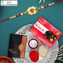 Designer Rakhi Combo Gift Set for Brother |Choco Magic 32Gm|Chocolate|Y22K1_263_CM32+DS Assorted Rakhi, Chawal Roli Pack, Greeting Card, Coins, Thali Set-image-53