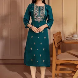 House of Pataudi Floral Embroidered Thread Work Silk Straight Kurta-picture-52