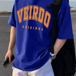 Oversized Men Printed, Typography Round Neck Pure Cotton Blue T-Shirt-image-3