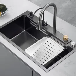 Waterfall Kitchen Sink Black 30x18x10 Premium Matt Finish SS 304 Complete set. Single Bowl Stainless steel Matt Finish_A172 Vessel Sink-13