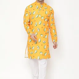 Hangup Men Yellow Printed Kurta with Pyjamas & With Nehru Jacket image 3
