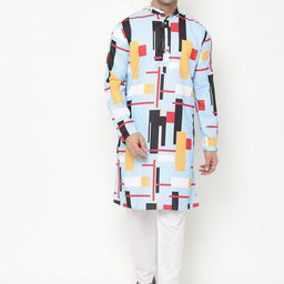 Hangup Men Blue Printed Kurta with Pyjamas & Nehru Jacket Set image 4