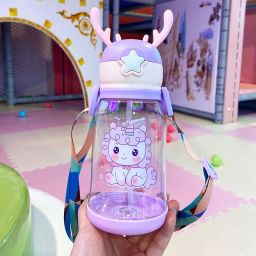 Cartoon Printed Deer Horn Sipper Water Bottle with Strap, Straw, for kids-image-46