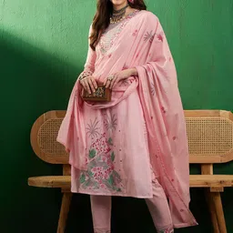 Sangria Pink Floral Embroidered Pure Cotton Pleated A-Line Kurta With Trousers & Dupatta-20