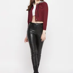 Uptownie Lite Women Maroon & Grey Crop Hooded Denim Jacket-image-98