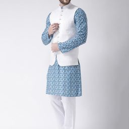 Hangup Men Mandarin Collar Printed Kurta with Pyjamas & Nehru Jacket image 4