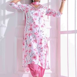 Anouk Pink Floral Embroidered Gotta Patti V-Neck Straight Kurta With Salwar & Dupatta-picture-48