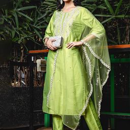 Anouk Green Ethnic Motifs Embroidered Notch-Neck Straight Kurta With Trouser & Dupatta-21