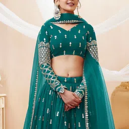 FABPIXEL Embroidered Sequinned Semi-Stitched Lehenga & Unstitched Blouse With Dupatta image 4