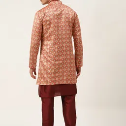 Sojanya Men Peach-Coloured & Maroon Solid Kurta Pyjama & Printed Sherwani Set image 2