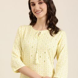 SHOWOFF Geometric Printed Keyhole Neck Thread Work Straight Kurta-image-3