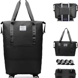 1 L Strolley Duffel Bag - Foldable Duffle Bag with Wheels and Handle for Travel,Carry on Rolling Luggage - Black - Regular Capacity-image-26