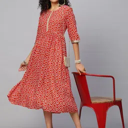 INDYES Red & White Printed Embellished Detail Midi Dress-picture-26