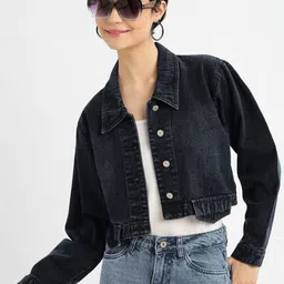 SHOWOFF Women Washed Windcheater Crop Denim Jacket-53
