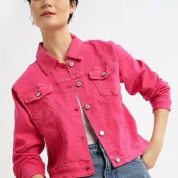 SHOWOFF Women Washed Windcheater Crop Denim Jacket-image-77