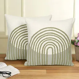 eyda Green & White 2 Pieces Embroidered Square Cotton Cushion Covers-9
