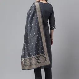 RAJGRANTH Grey & Gold Floral Woven Design Sequinned Kurta With Trousers & Dupatta image 5