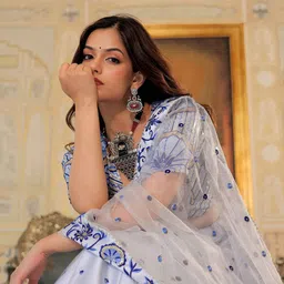 FABPIXEL Embroidered Sequinned Semi-Stitched Lehenga & Unstitched Blouse With Dupatta image 2