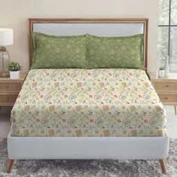 MYTRIDENT Cream & Green Floral 210 TC Cotton King Bedsheet with 2 Pillow Covers-picture-23
