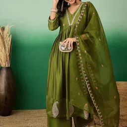 Sangria Olive Green Zari Sequence Embroidered A-Line Kurta With Palazzos & Dupatta-58