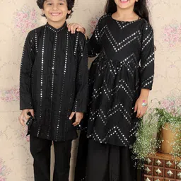 VASTRAMAY Boys Embroidered Band Collar Mirror Work Kurta With Pyjamas-image-92