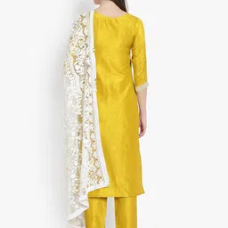 heemara Women Mustard Yellow Silk Chiffon Kurta with Trousers & With Dupatta image 4
