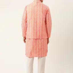 SOJANYA Men Peach-Coloured & White Embroidered Kurta with Pyjamas & Nehru Jacket image 5