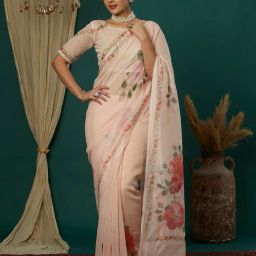 Floral Print, Geometric Print, Printed Madhubani Cotton Blend Saree-image-9