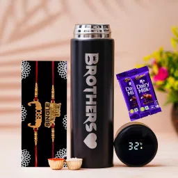 Religious Rakhi Set With Temprature Water Bottel and 2 Dairy Milk Chocolate Assorted Rakhi, Bottle Set-picture-1