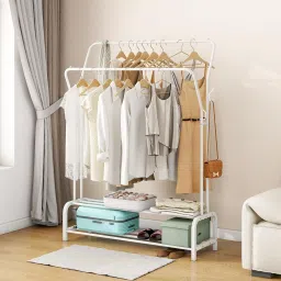 Steel Floor Cloth Dryer Stand Dual Pole Cloth Garment Rack with 2-Tier Lower Storage Shelf and Side Tree Hooks-18