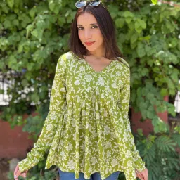 Party Regular Sleeves Printed Women Green Top-image-65