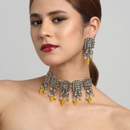 Sangria Silver-Toned & Yellow Silver-Plated Stone-Studded & Beaded Jewellery Set-image-82