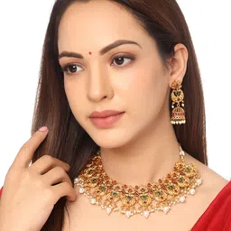 Yellow Chimes Gold Plated Pink & Green Stone Studded Floral Designed Choker Jewellery Set-image-100