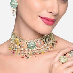Zaveri Pearls Gold-Plated Stone-Studded & Beaded Meenakari Jewellery Set-54