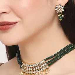 OOMPH Gold-Toned & Green Kundan-Studded Beaded Jewellery Set-16