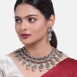 GRIIHAM Oxidised Silver-Toned & Pink AD-Studded & Beaded Jewellery Set-57