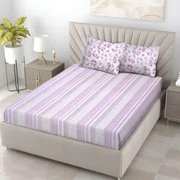 TARAN LIVING Purple & White Geometric 120 TC Cotton King Bedsheet With 2 Pillow Covers-48
