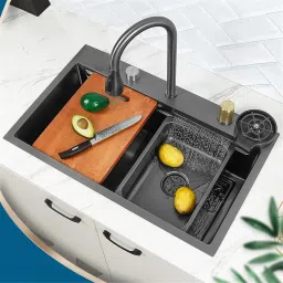 Sink of kitchen 30x18x9 INCH, Kitchen Sink With In-build Pull-Down Faucet and Anti Scretch Nano Black Stainless Steel Multi Functional Kitchen Sink Vessel Sink-image-88
